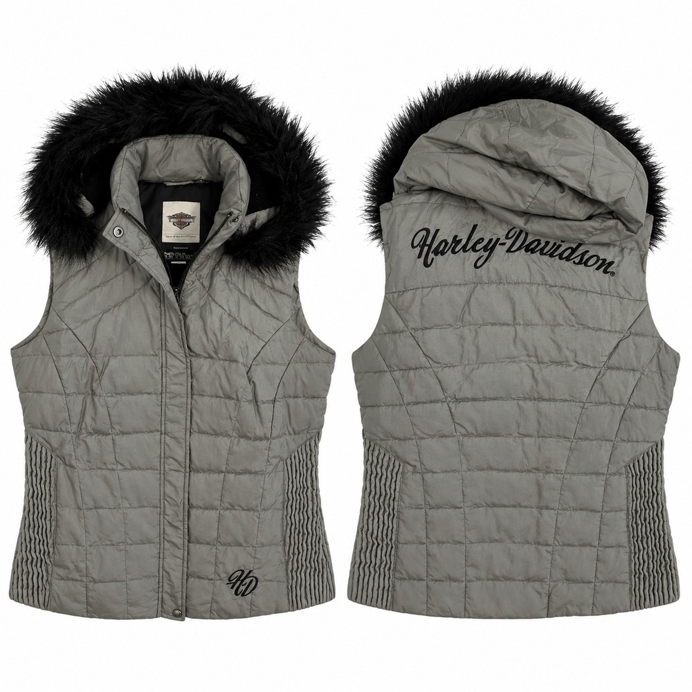 Harley Davidson Puffer Vest Womens M Quilted Hooded Full Zip Biker Motorcycle